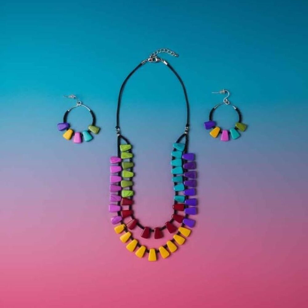 Vibrant Rainbow Beaded Statement Necklace & Hoop … - image 2